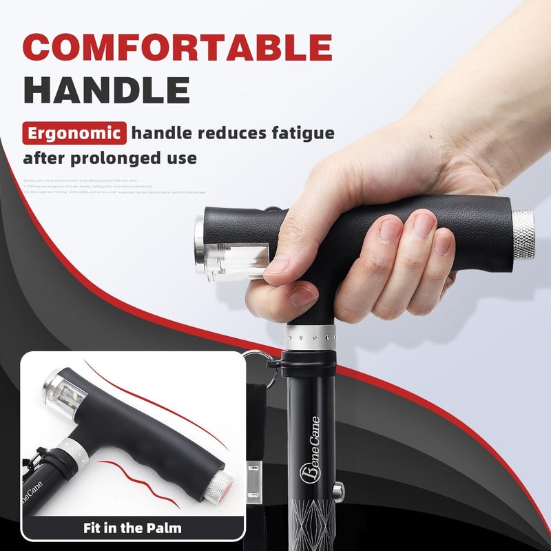 BeneCane Walking Cane for Women Folding Cane for Men with Two Led Lights Quad Cane with Stable Base Lightweight and Adjustable Walking Stick - Image 3